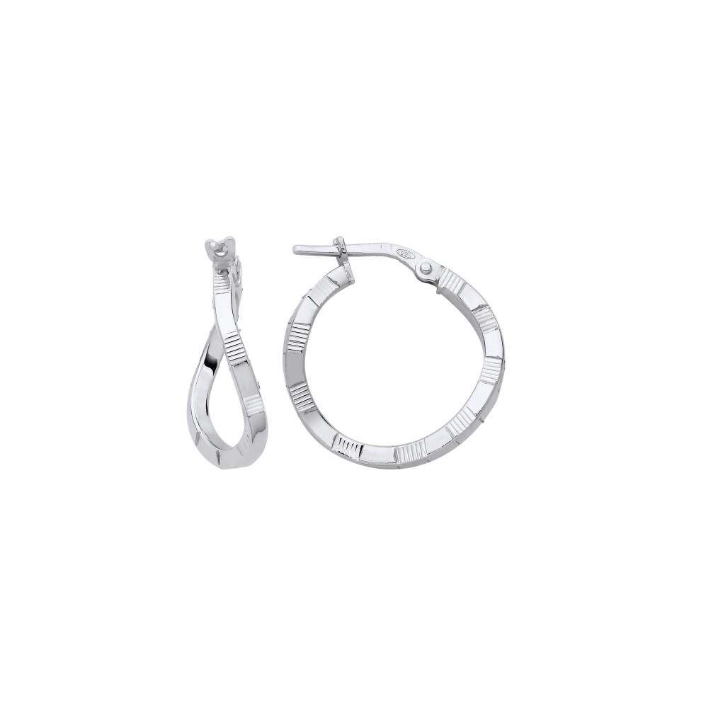 Jewelco London Ladies Rhodium Plated Sterling Silver Diamond-cut Brick Road Wavy Hoop Earrings - ER155