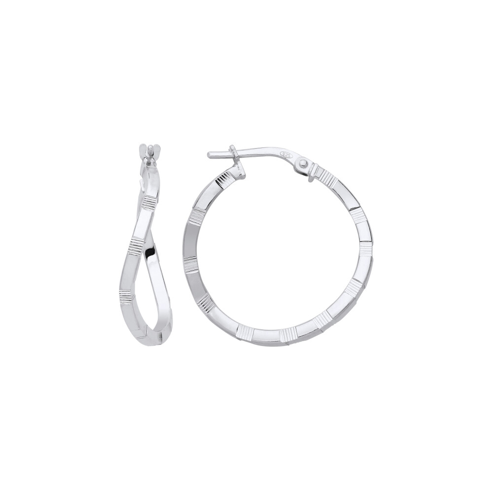 Jewelco London Ladies Rhodium Plated Sterling Silver Diamond-cut Brick Road Wavy Hoop Earrings - ER156