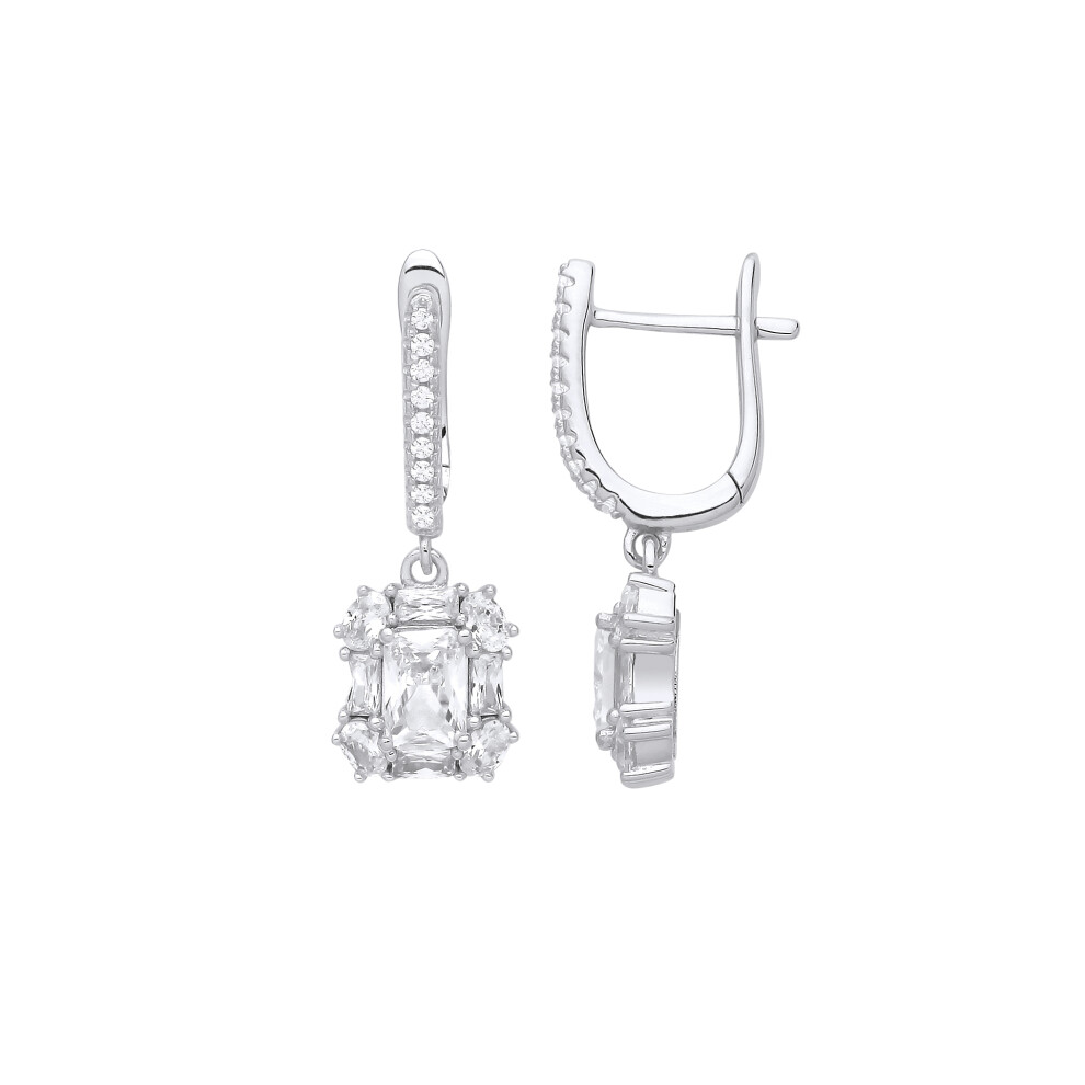 Jewelco London Ladies Rhodium Plated Sterling Silver Radiant Oval CZ Rounded Rectangle Cluster Drop Earrings - EAG1230