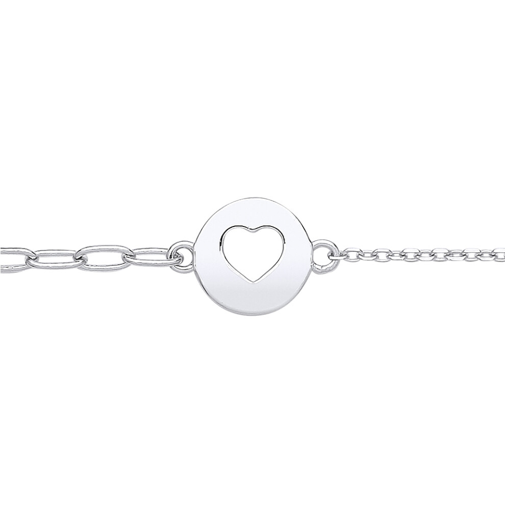 Jewelco London Ladies Rhodium Plated Sterling Silver Love Heart Round Disc Tag Charm Bracelet 2mm 7 + 1 inch - GVB539