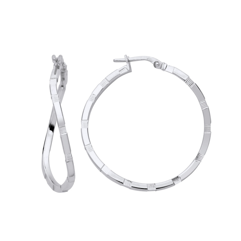 Jewelco London Ladies Rhodium Plated Sterling Silver Diamond-cut Brick Road Wavy Hoop Earrings - ER157