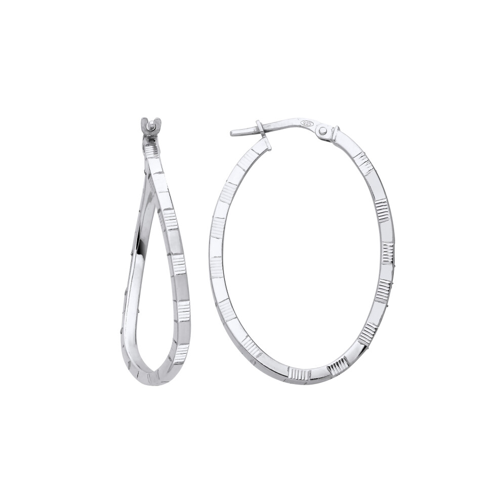 Jewelco London Ladies Rhodium Plated Sterling Silver Diamond-cut Brick Road Wavy Oval Hoop Earrings - ER158