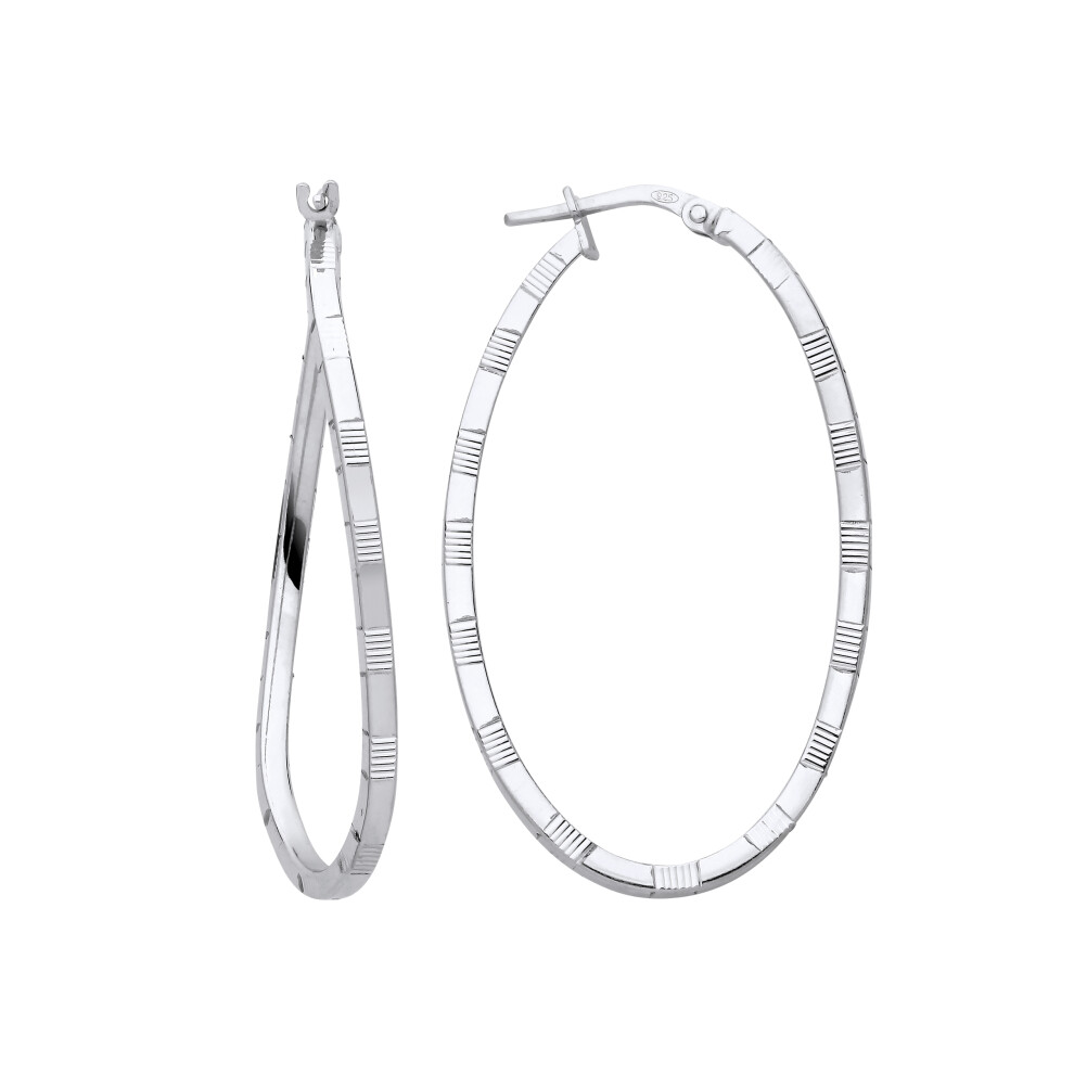 Jewelco London Ladies Rhodium Plated Sterling Silver Diamond-cut Brick Road Wavy Oval Hoop Earrings - ER159