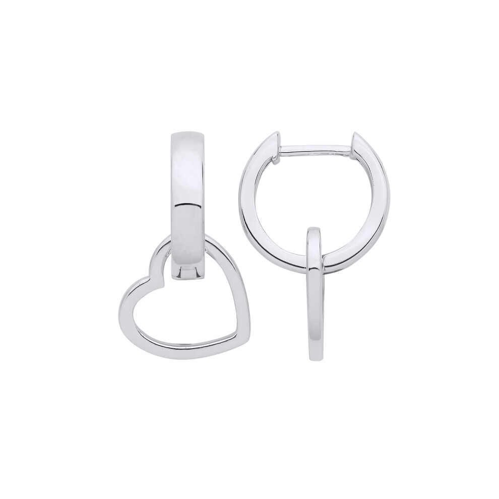 Jewelco London Ladies Rhodium Plated Sterling Silver Hanging Love Heart Charm Huggie Hoop Earrings 15mm - EAG1240