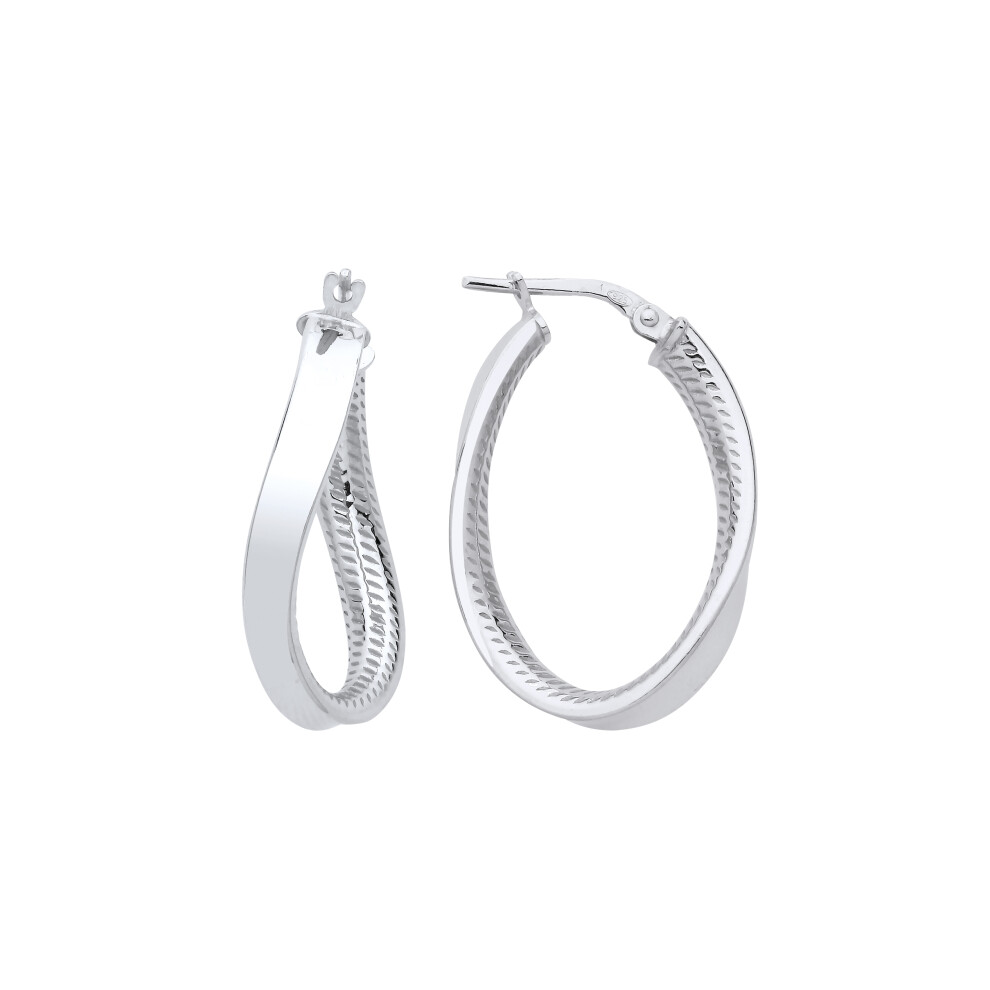 Jewelco London Ladies Rhodium Plated Sterling Silver Snake Skin Interior Oval Wavy Twist Hoop Earrings - ER160