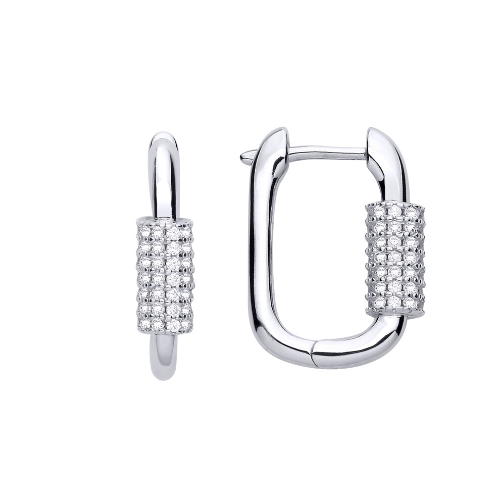 Jewelco London Ladies Rhodium Plated Sterling Silver CZ Rounded Rectangle Cluster Huggie Hoop Drop Earrings - EAG1241