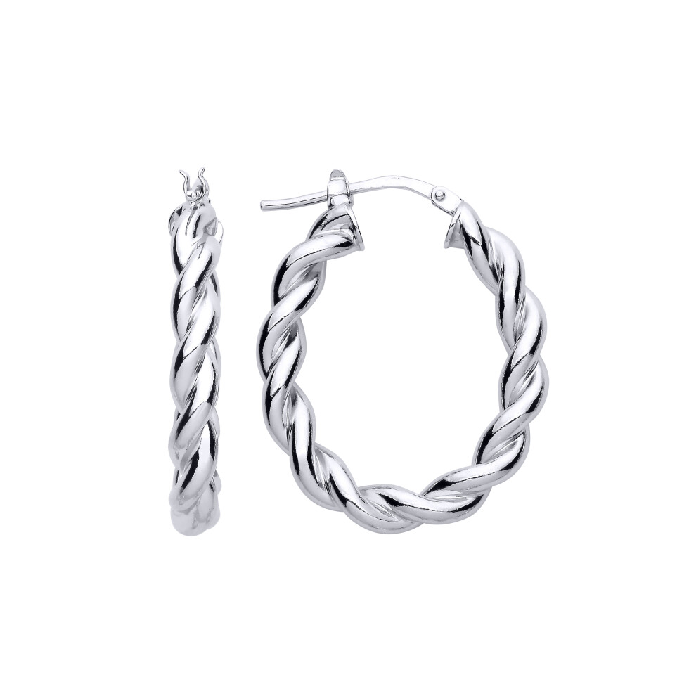 Jewelco London Ladies Rhodium Plated Sterling Silver Plaited Chunky Twist Oval Hoop Earrings 24mm 4mm - ER146