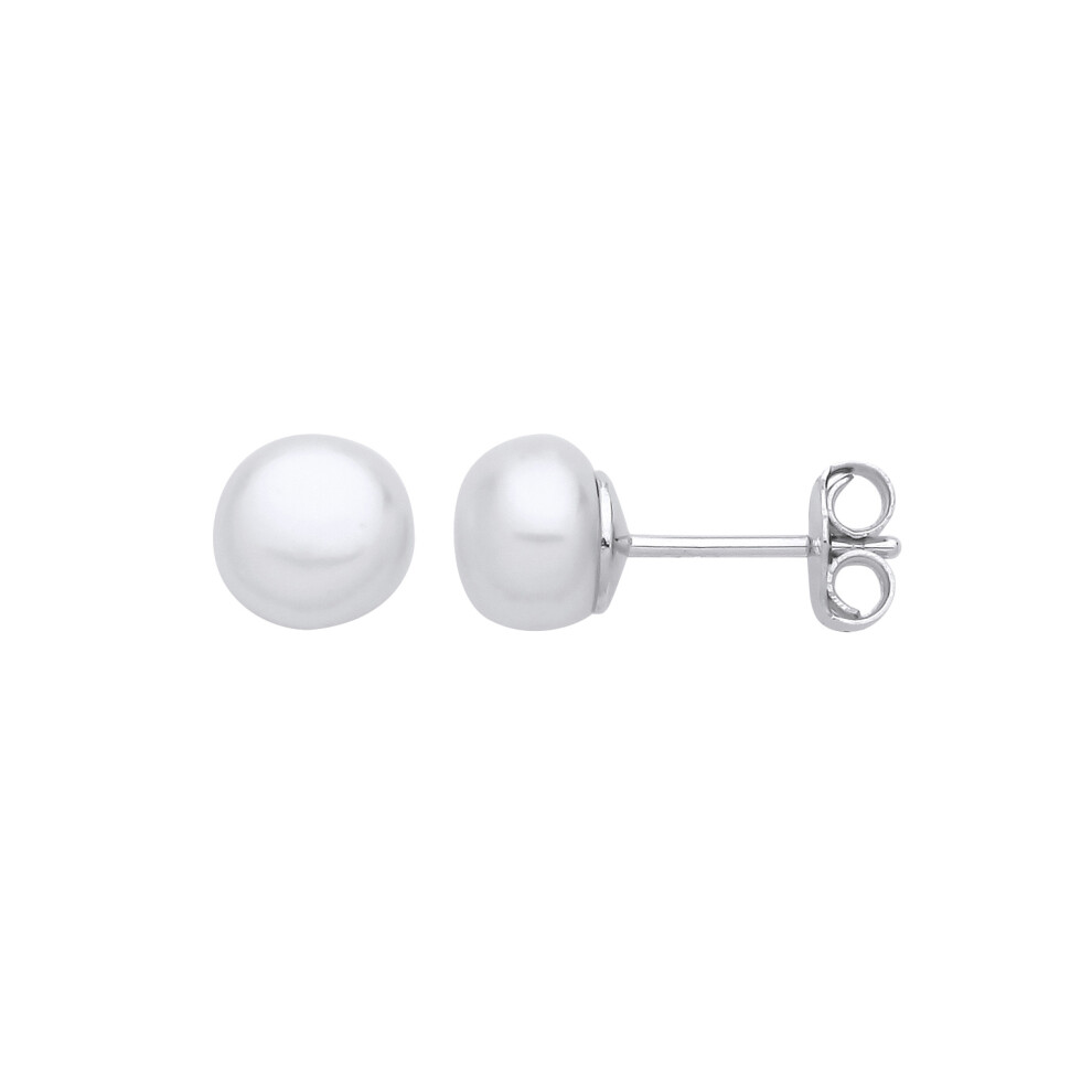 Jewelco London Ladies Rhodium Plated Sterling Silver Cream Pearl Levana Full Moon Button Stud Earrings - EAG1268-6.5MM