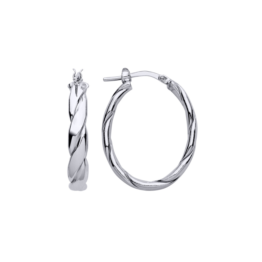 Jewelco London Ladies Rhodium Plated Sterling Silver Plaited Flat Twist Oval Hoop Earrings - ER153