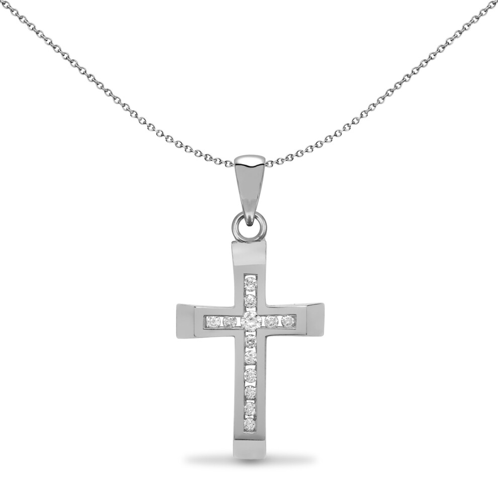 Jewelco London Ladies Solid 9ct White Gold Channel Set Round H I1 0.12ct Diamond Bevelled Cross Pendant - 9X012