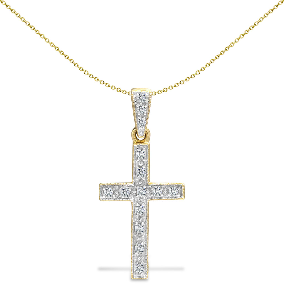 Jewelco London Ladies Solid 9ct Yellow Gold Pave Set Round H I1 0.12ct Diamond Flat Cross Pendant - 9X003