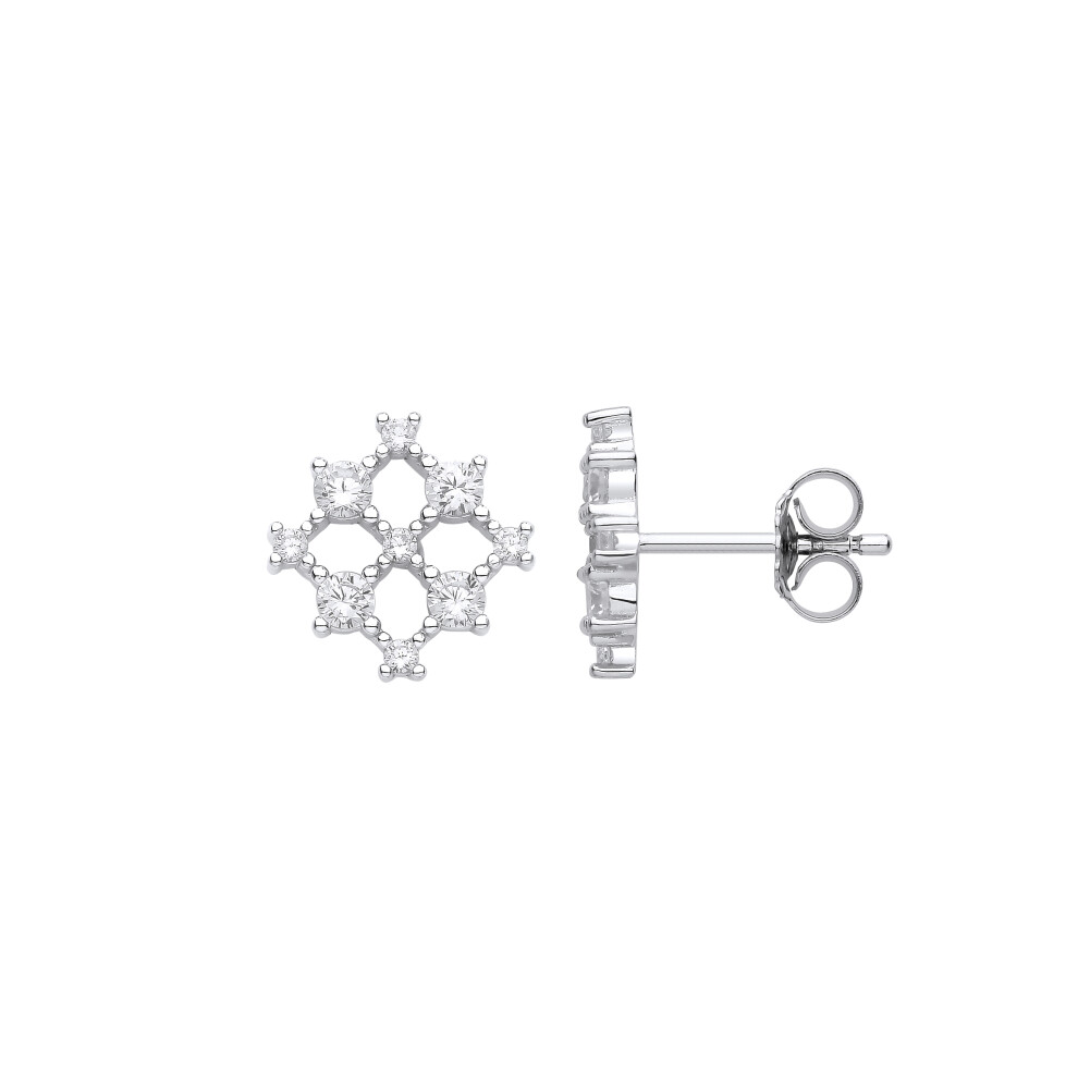 Jewelco London Ladies Rhodium Plated Sterling Silver CZ Square Snowflake Cluster Stud Earrings - EAG1118