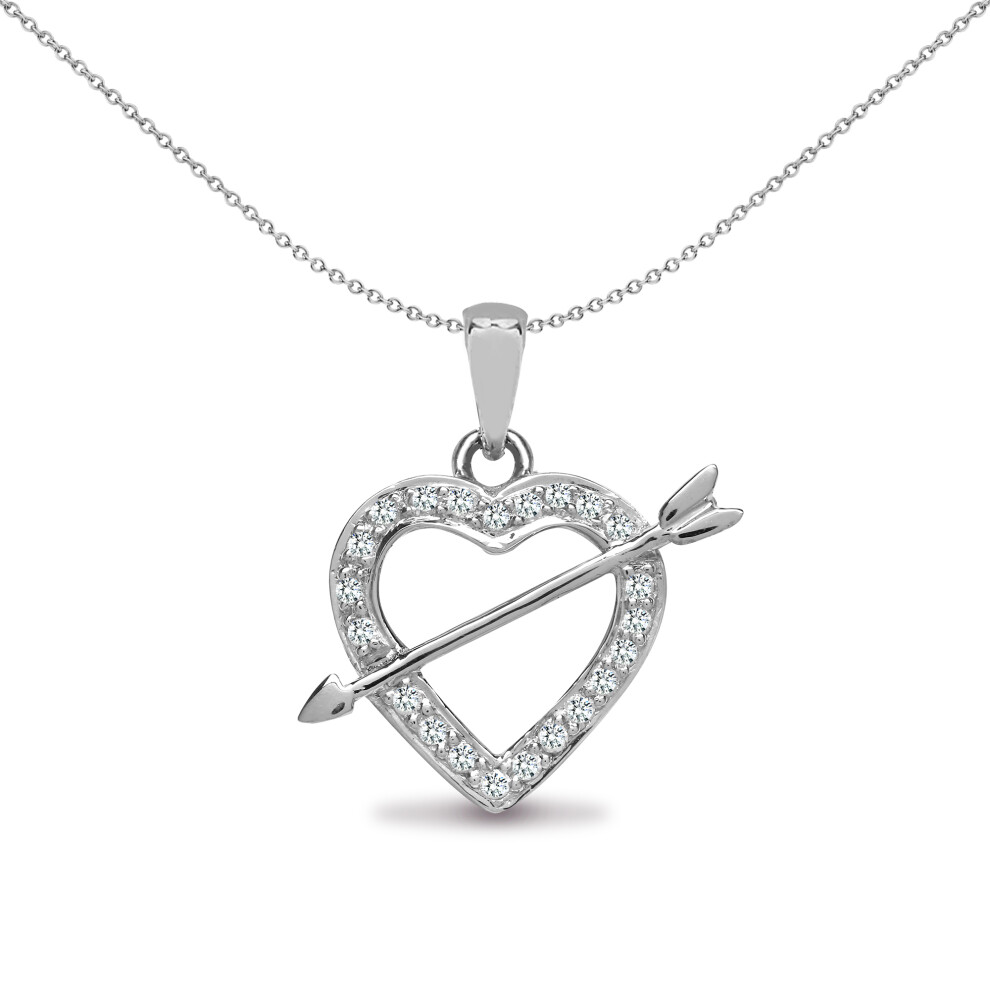 Jewelco London Ladies Solid 18ct White Gold Pave Set Round G SI1 0.15ct Diamond Love Heart Arrow Charm Pendant - 18P069