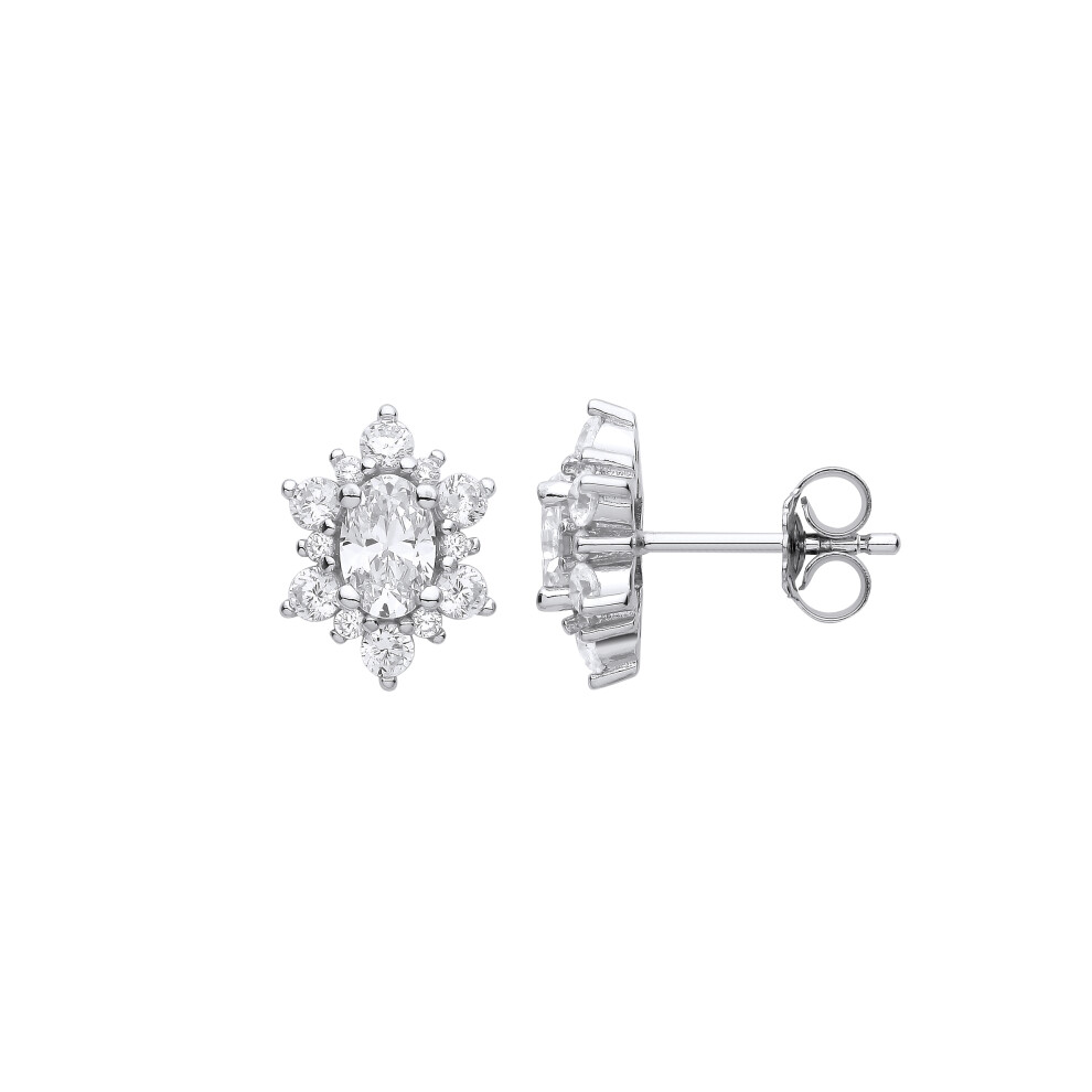 Jewelco London Ladies Rhodium Plated Sterling Silver Oval CZ Oval Snowflake Cluster Stud Earrings - EAG1120