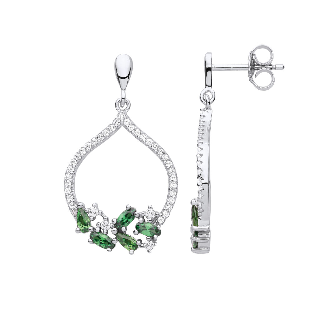 Jewelco London Ladies Rhodium Plated Sterling Silver Green Pear Oval CZ Glass Onion Dome Drop Earrings - EAG1130