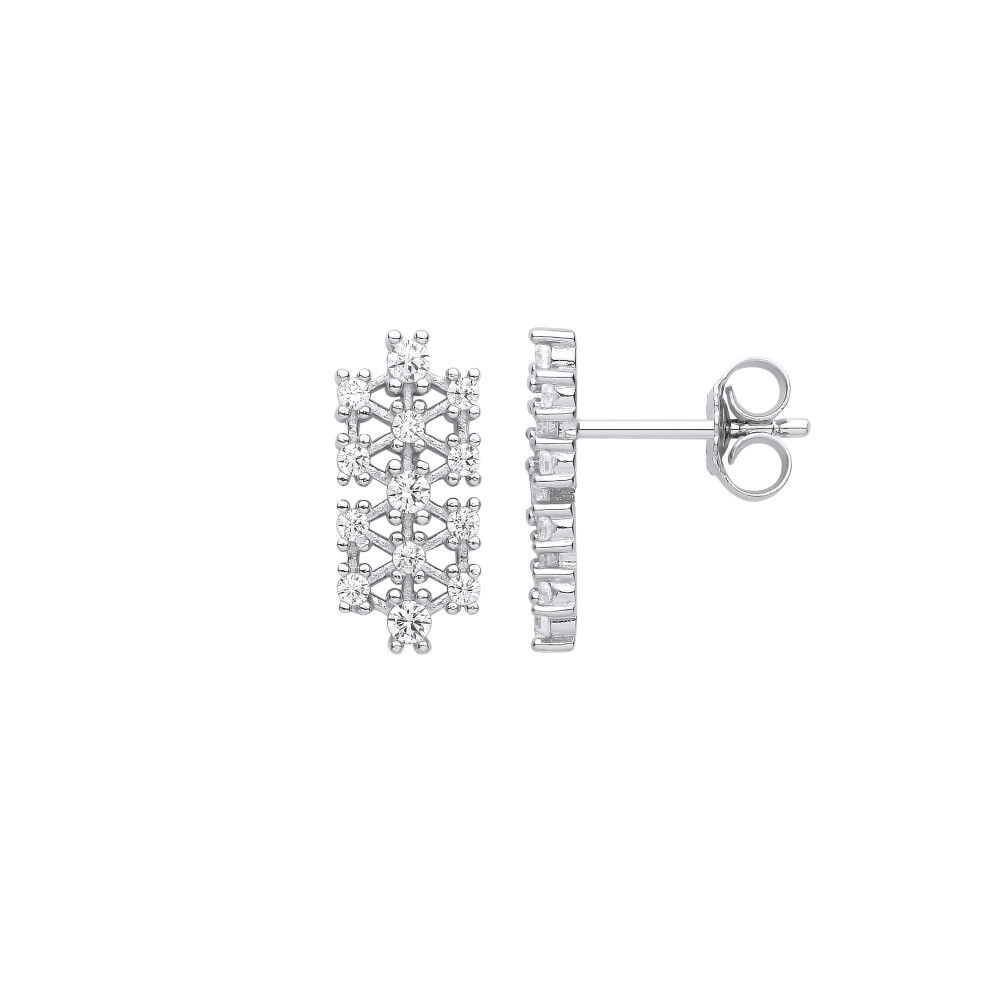 Jewelco London Ladies Rhodium Plated Sterling Silver CZ Double Stacked Frosty Snowflake Cluster Drop Earrings - EAG1124