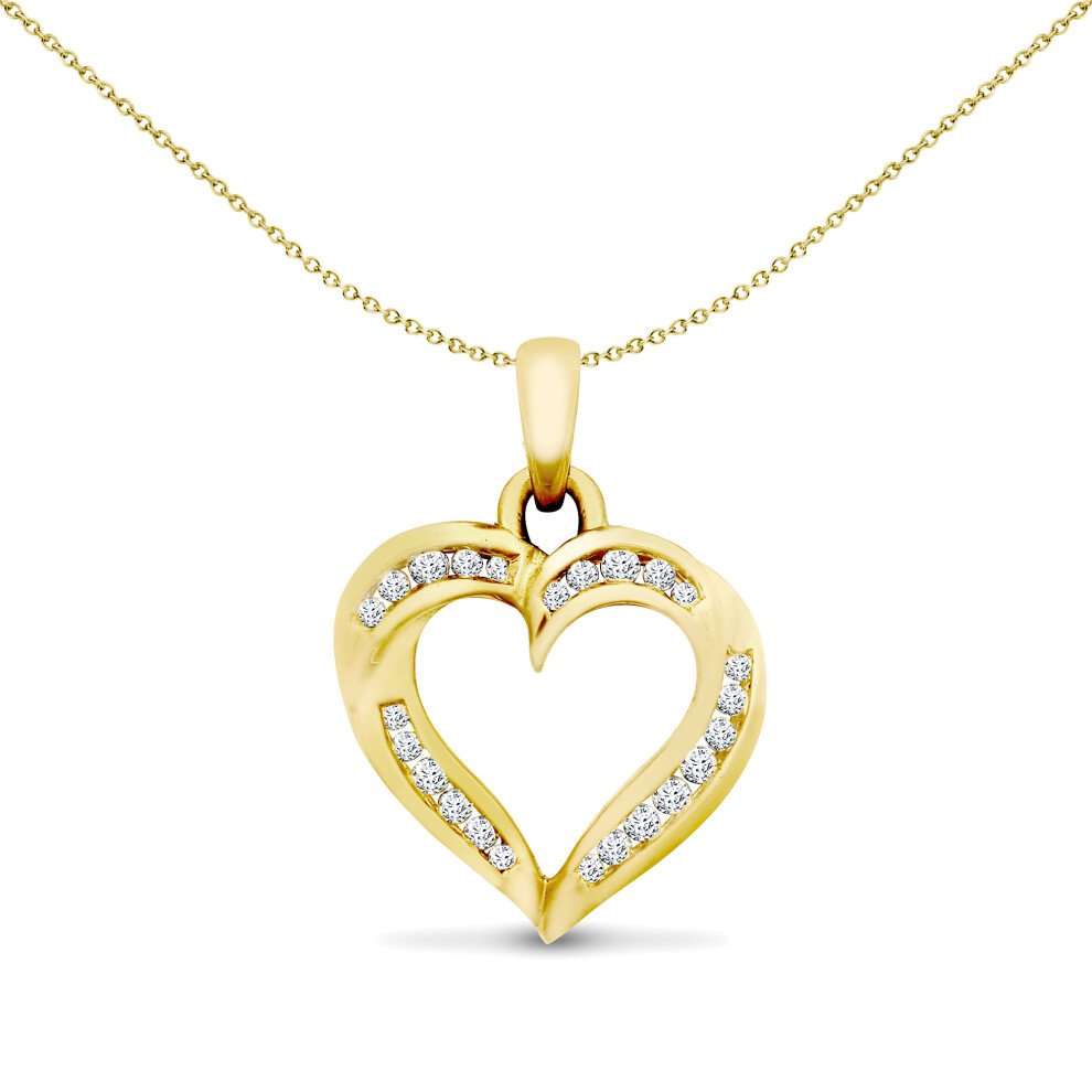 Jewelco London Ladies Solid 9ct Yellow Gold Channel Set Round H I1 0.19ct Diamond Twisted Love Heart Charm Pendant - 9H001
