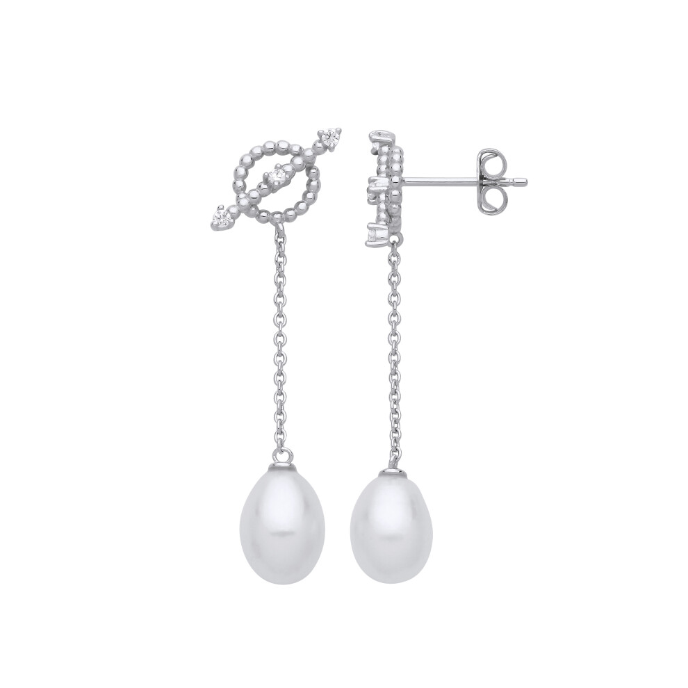 Jewelco London Ladies Rhodium Plated Sterling Silver Cream Oval Pearl CZ Saturn Bead Cluster Rolo Chain Drop Earrings - EAG1264