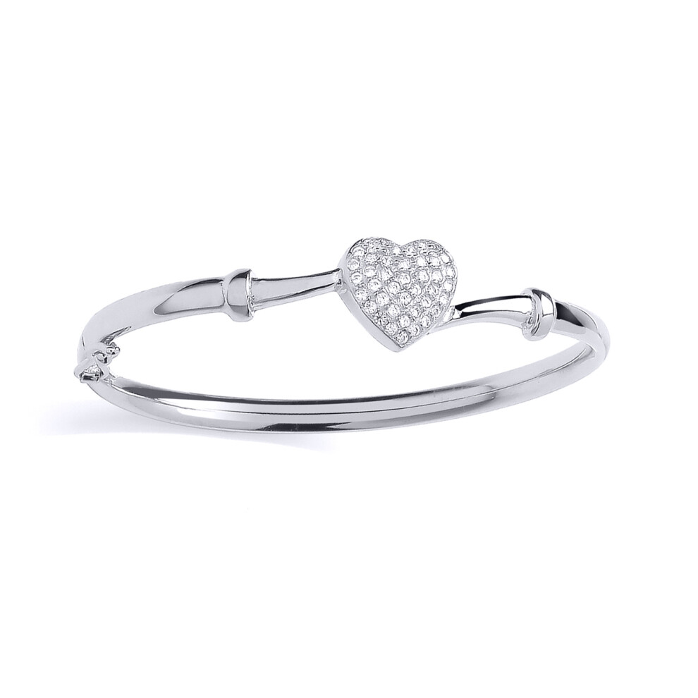 Jewelco London Kids Rhodium Plated Sterling Silver CZ Crossover Love Heart Baby Bangle Bracelet 3mm - BN83
