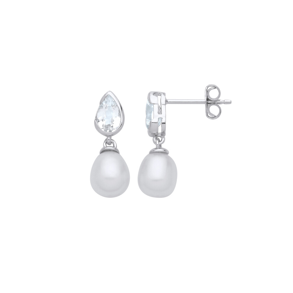 Jewelco London Ladies Rhodium Plated Sterling Silver Cream Pear Pearl CZ Bezel Halo Teardrop Drop Earrings - EAG1262
