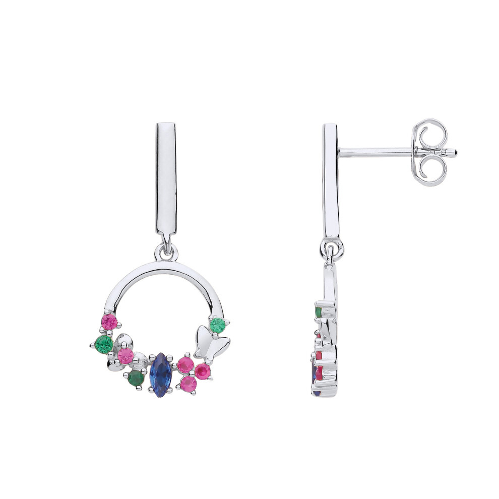 Jewelco London Ladies Sterling Silver Blue Red Green Marquise CZ Butterfly Flower Basket Circle Drop Earrings - EAG1197