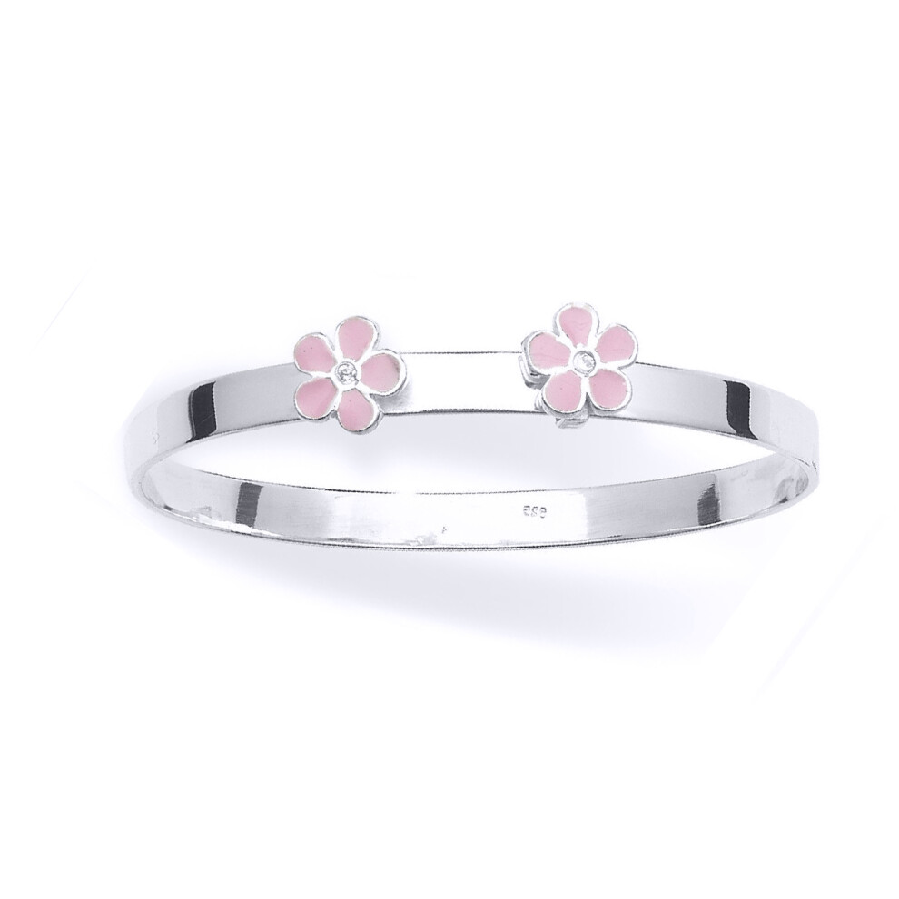 Jewelco London Kids Sterling Silver Pink Pear CZ Mother of Pearl Pink Enamel Daisy Flower Expanding Baby Bracelet 4mm - BN81