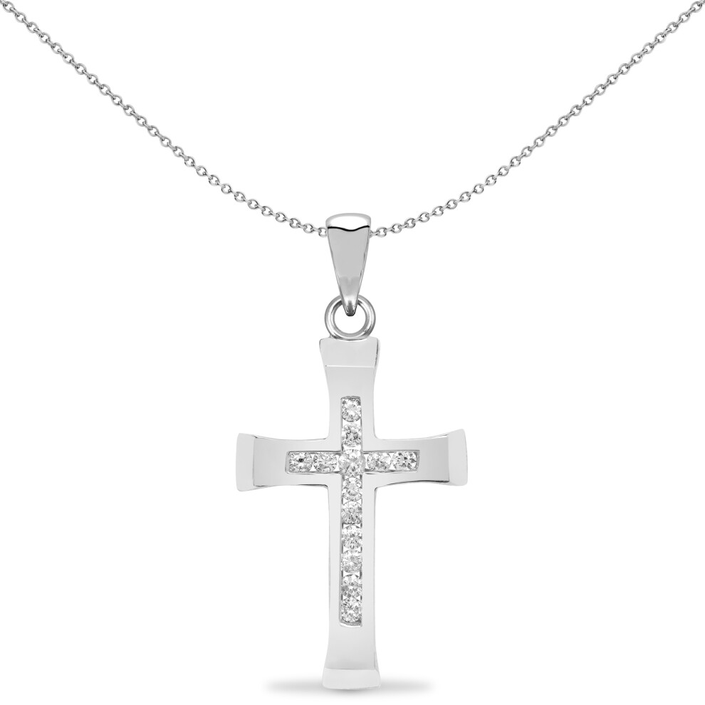 Jewelco London Ladies Solid 9ct White Gold Channel Set Round H I1 0.25ct Diamond Bevelled Cross Pendant - 9X057