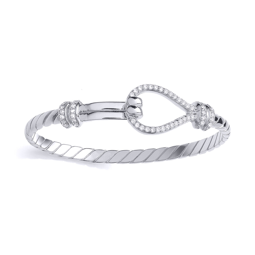 Jewelco London Kids Rhodium Plated Sterling Silver CZ Stirrup Hook Rope Edge Baby Bangle Bracelet 4mm - BN84