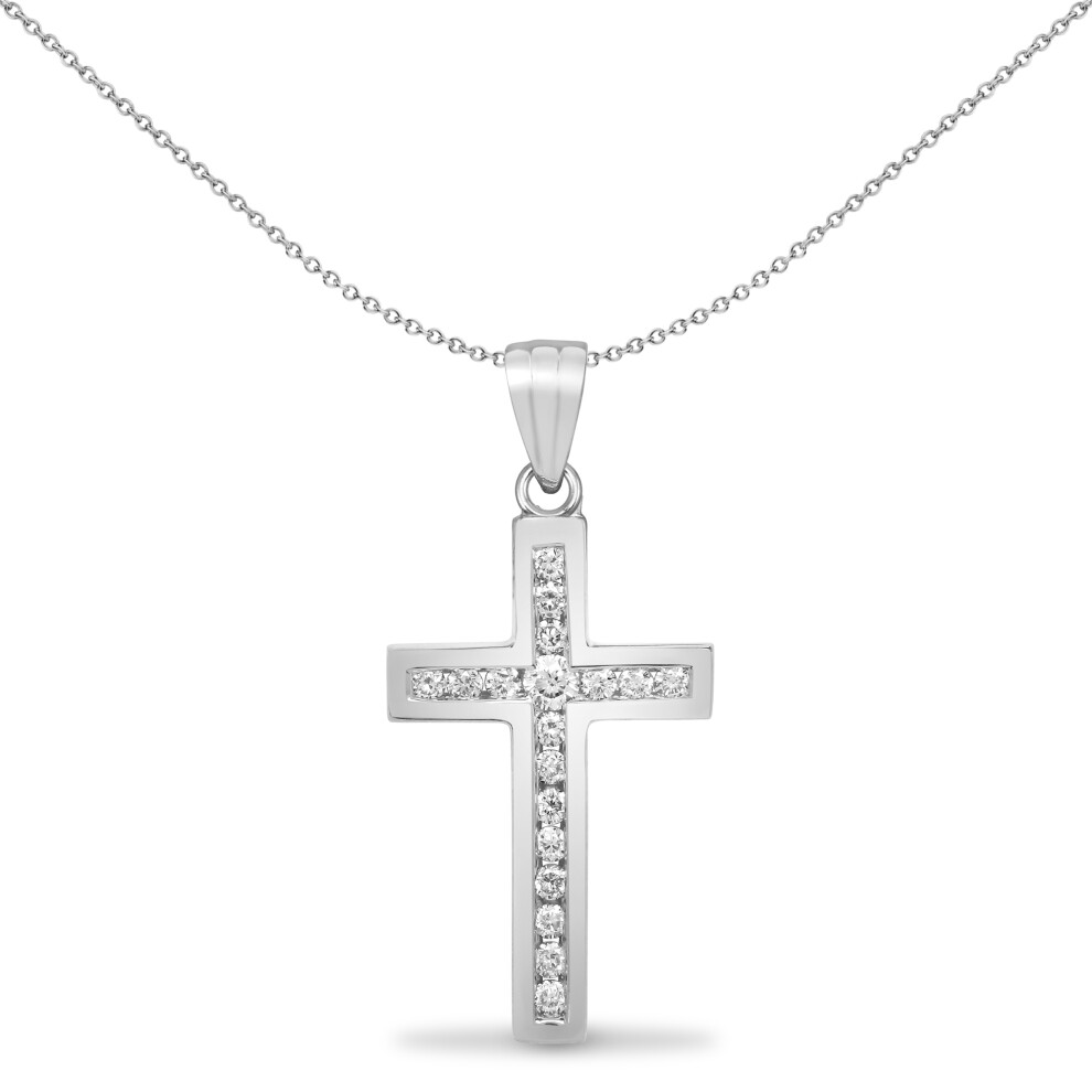 Jewelco London Ladies Solid 18ct White Gold Channel Set Round G SI1 0.18ct Diamond Flat Cross Pendant - 18X051