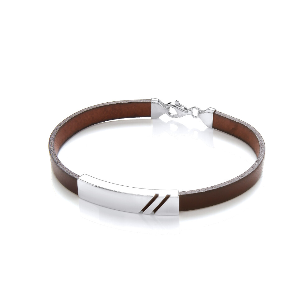 Jewelco London Mens Chocolate Brown Leather Stainless Steel Flat ID Plate Double Groove Strap Bracelet 8mm 8 inch - BRC194BRN
