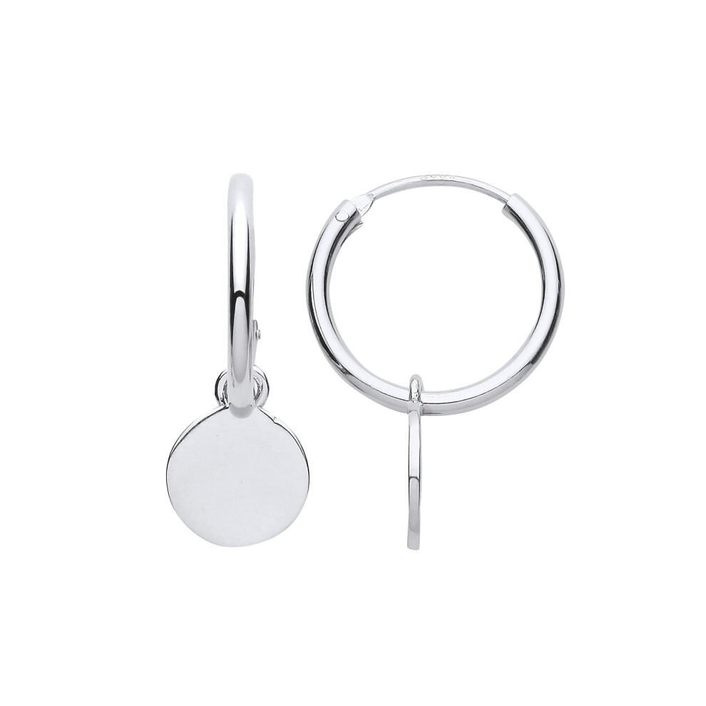 Jewelco London Ladies Rhodium Plated Sterling Silver Round Disc Tag Sleeper Hoop Drop Earrings - EAG1201