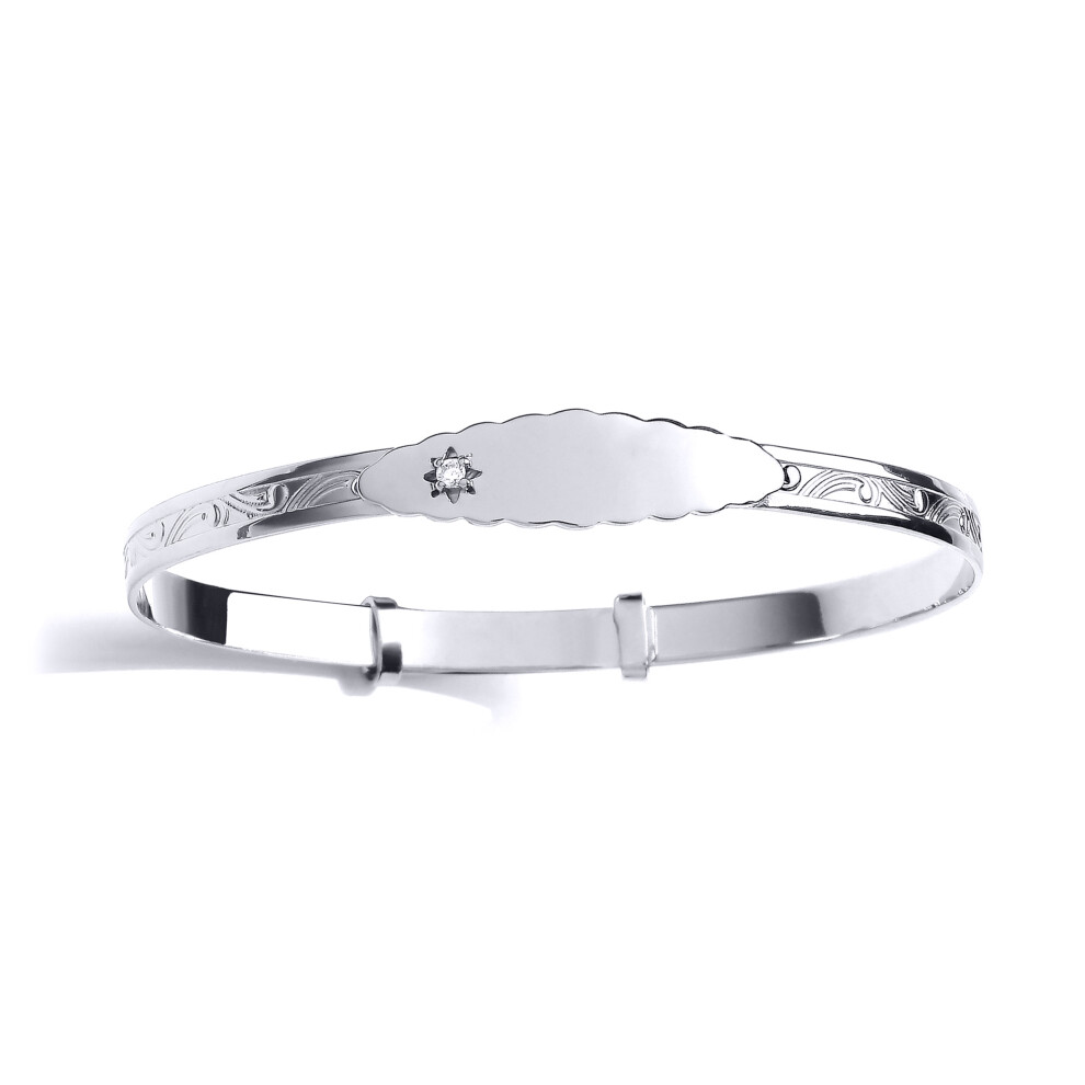 Jewelco London Kids Rhodium Plated Sterling Silver CZ Diamond-cut Scallop Edge ID Bar Expanding Baby Bangle Bracelet 8mm - BN85