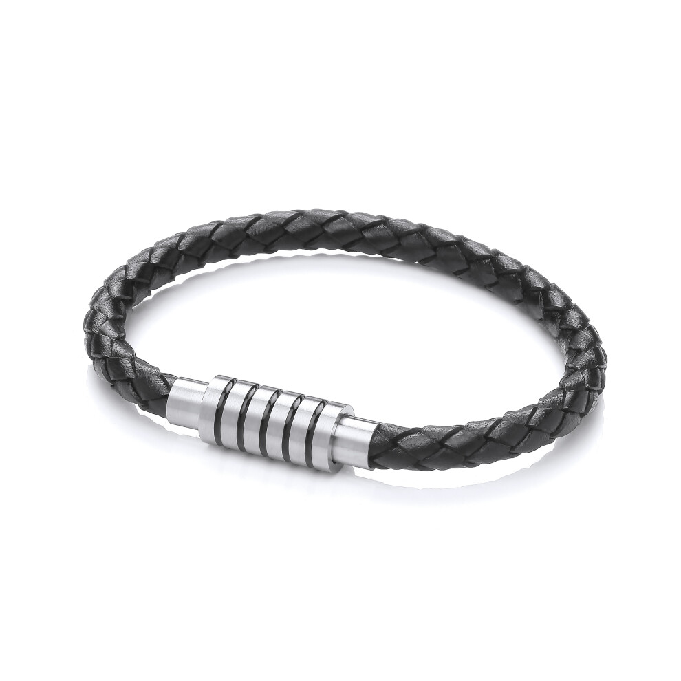 Jewelco London Mens Black Leather Stainless Steel Round Plaited Cylinder Magnetic Strap Bracelet 6mm 8 inch - BRC192