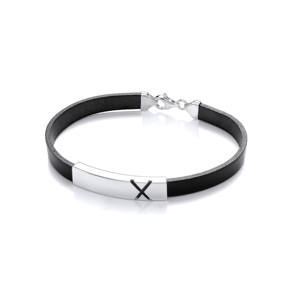 Jewelco London Mens Black Leather Stainless Steel Flat ID Plate X Marked Strap Bracelet 8mm 8 inch - BRC193BLK