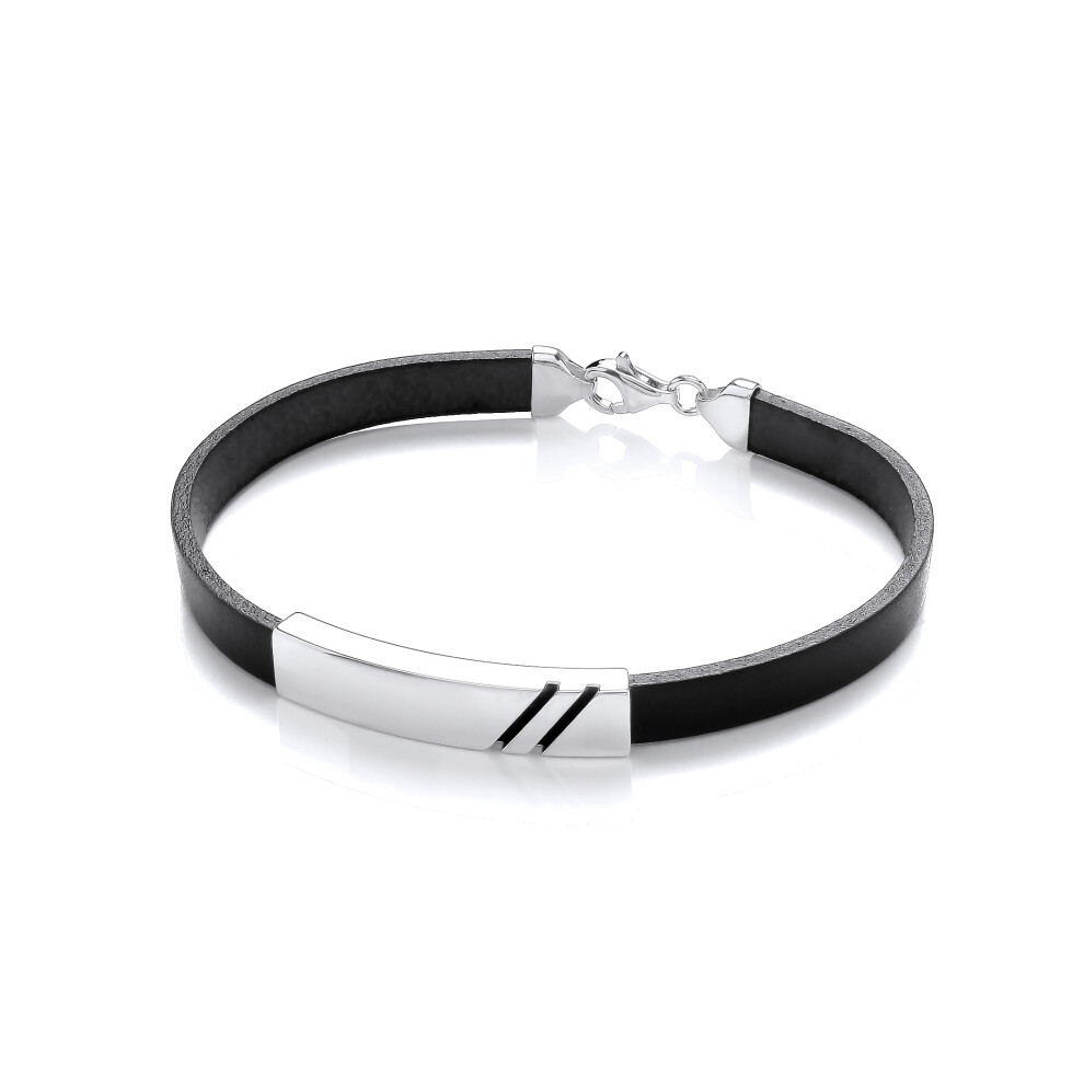 Jewelco London Mens Black Leather Stainless Steel Flat ID Plate Double Groove Strap Bracelet 8mm 8 inch - BRC194BLK