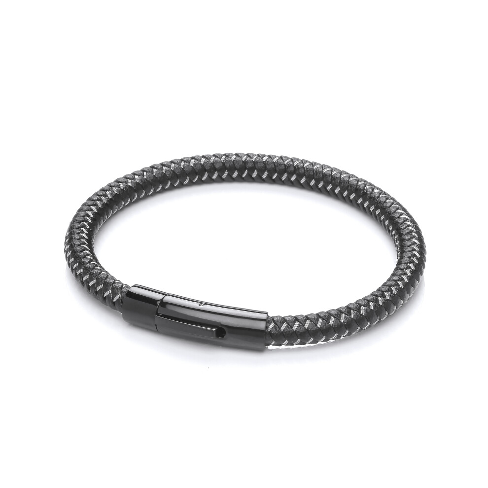 Jewelco London Mens Black Leather Stainless Steel Snake Rope Twist Strap Bracelet 6mm 8.5 inch - BRC184