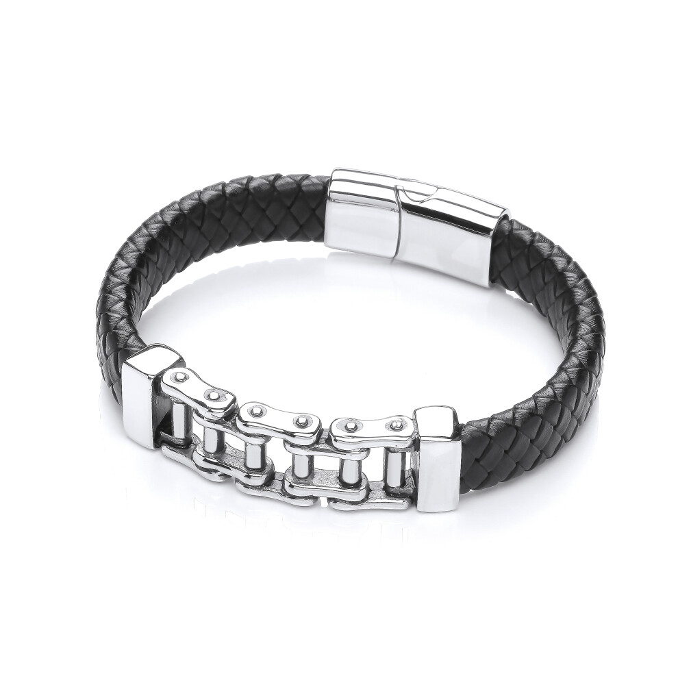Jewelco London Mens Black Leather Stainless Steel Flat Plain Weave Bicycle Chain Strap Bracelet 12mm 8 inch - BRC188
