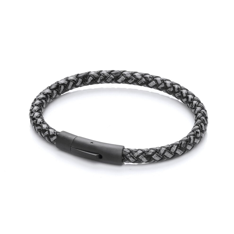 Jewelco London Mens Black Leather Stainless Steel Round Plaited Stonewashed Aged Strap Bracelet 6mm 8.5 inch - BRC190