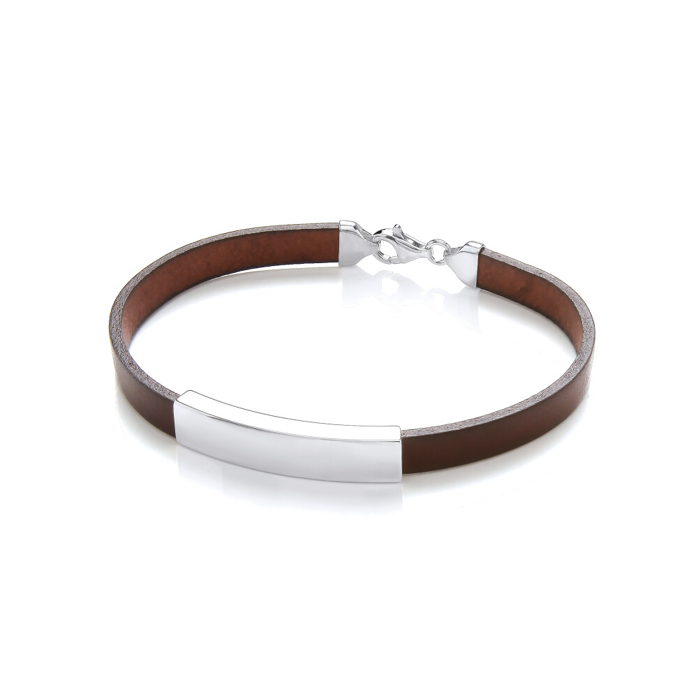 Jewelco London Mens Chocolate Brown Leather Stainless Steel Flat ID Bar Strap Bracelet 8mm 8 inch - BRC195BRN