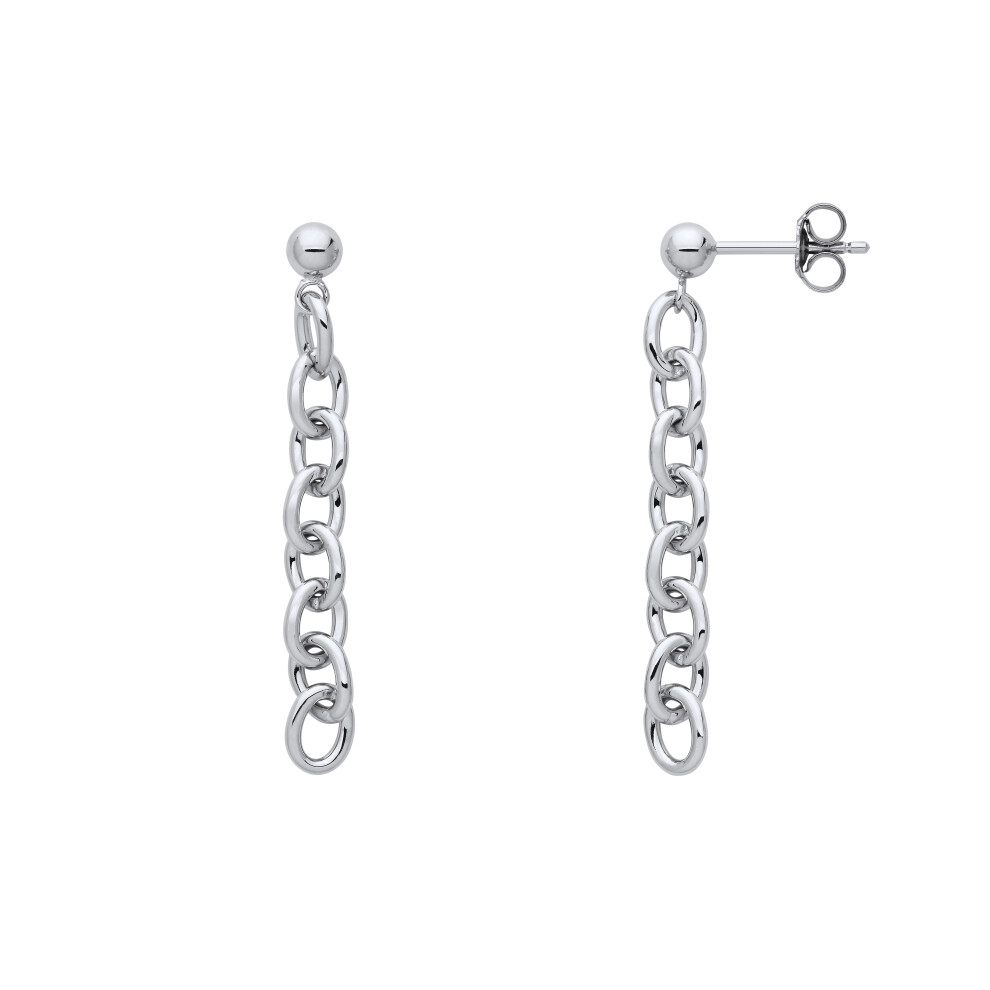 Jewelco London Ladies Rhodium Plated Sterling Silver Rolo Oval Belcher Ball Chain Link Drop Earrings - EAG1209