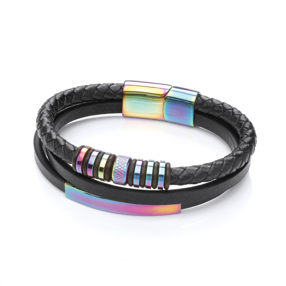 Jewelco London Mens Black Leather Stainless Steel Rainbow Iridescent Multi Strand Plaited ID Bar Strap Bracelet 8 inch - BRC191