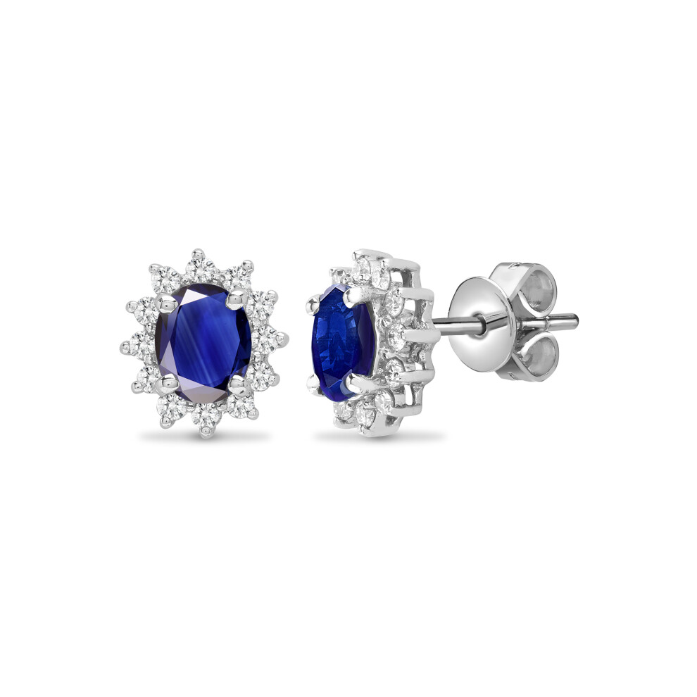 Jewelco London 18ct White Gold Cluster Set G SI 0.19ct Diamond and Oval Blue 1.06ct Sapphire Royal Cluster Stud Earrings - 18E188