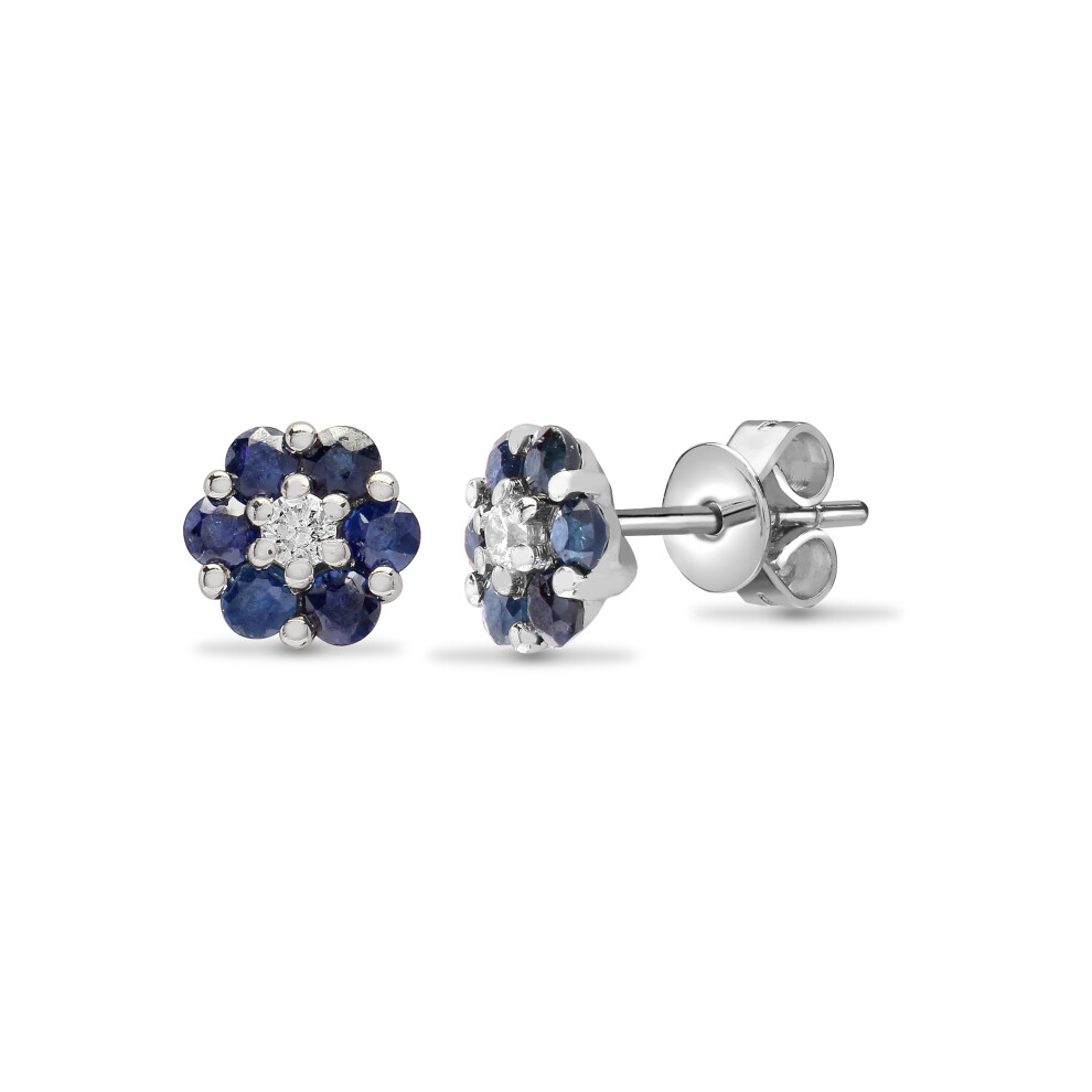 Jewelco London 18ct White Gold Cluster Set G SI 0.1ct Diamond and Blue 0.55ct Sapphire Daisy Cluster Stud Earrings - 18E197