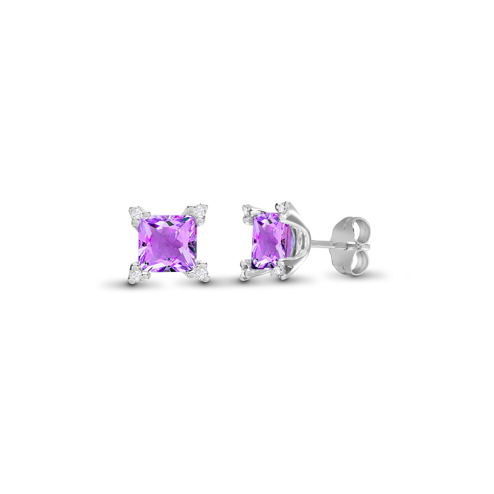 18ct White Gold  Diamond Purple Amethyst Square Stud Earrings - 18E326