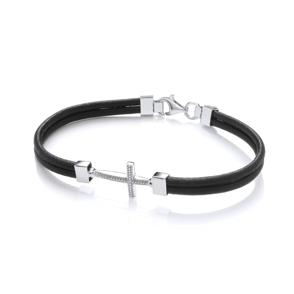 Jewelco London Mens Black Leather Stainless Steel Multi Strand Beaded Cross Strap Bracelet 6mm 8.5 inch - BRC197