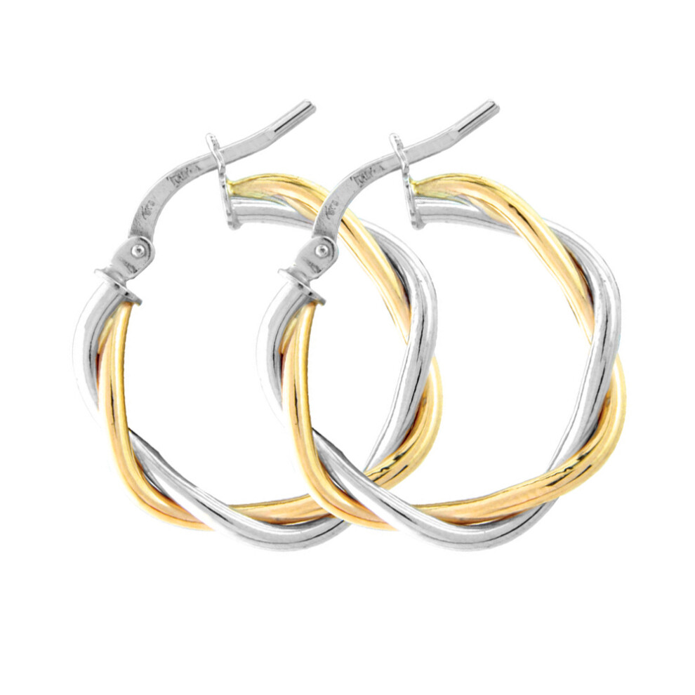 9ct White Yellow Gold  Weaved Twist Hoop Earrings - 15mm - ERNR02752