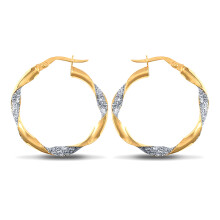 Jewelco London 9ct Yellow & White Gold Crushed Ice Glitter Twist Hoop Earrings 25mm (3mm) - JER661B