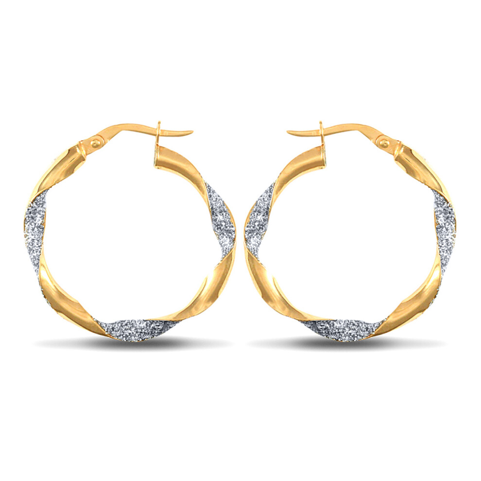 9ct 2-Colour Gold  Ice Glitter Twist 3mm Hoop Earrings 25mm - JER661B