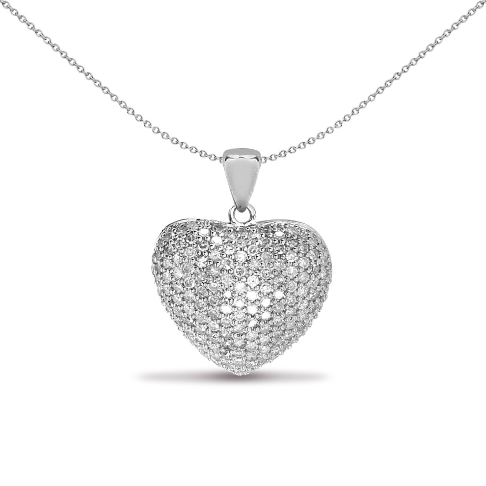 Jewelco London Ladies Solid 9ct White Gold Pave Set Round H I2 1ct Diamond Love Heart Charm Pendant - 9P083