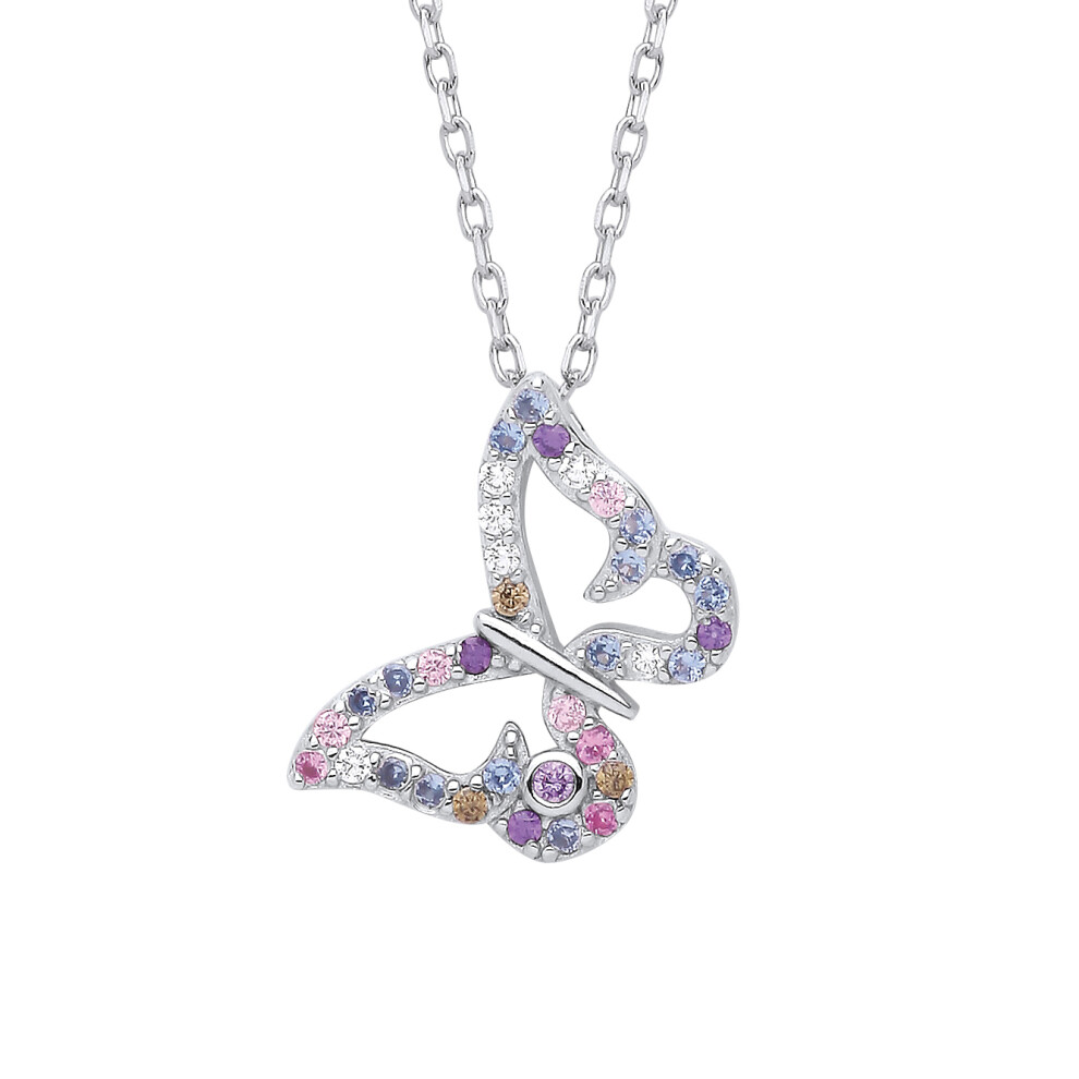 Jewelco London Ladies Sterling Silver Pink Lilac Peach CZ Fleeting Pastel Butterfly Lavalier Necklace 16 + 2 inch - GVK460